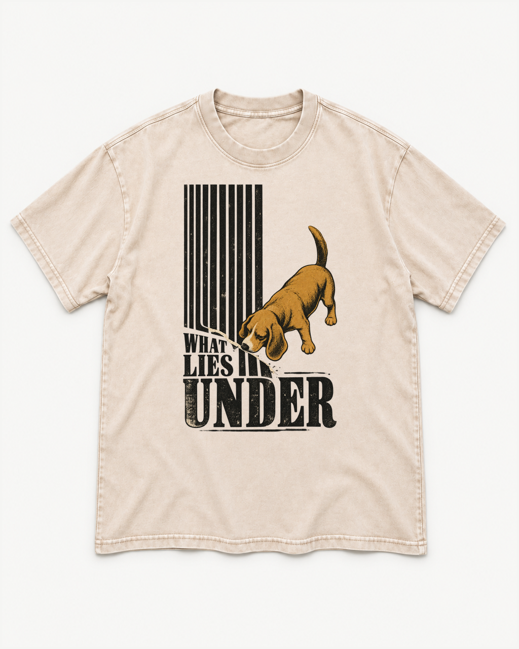 Apricot washed T-shirt with Beagle Curious What Lies Under front artwork