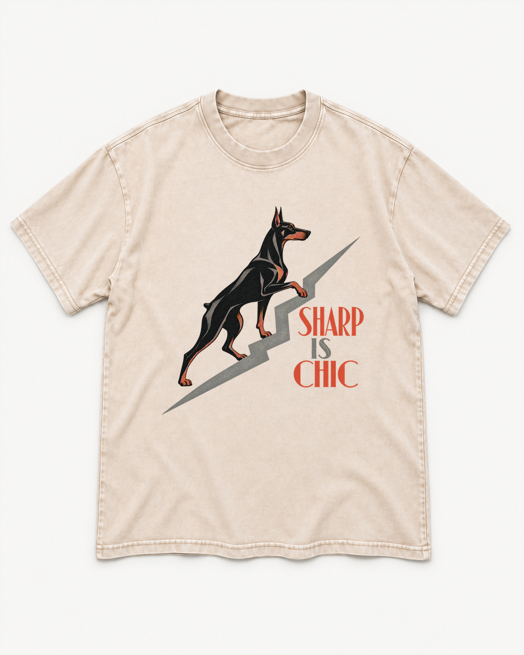 Apricot washed T-shirt with Doberman Sharp Is Chic Stairway front artwork