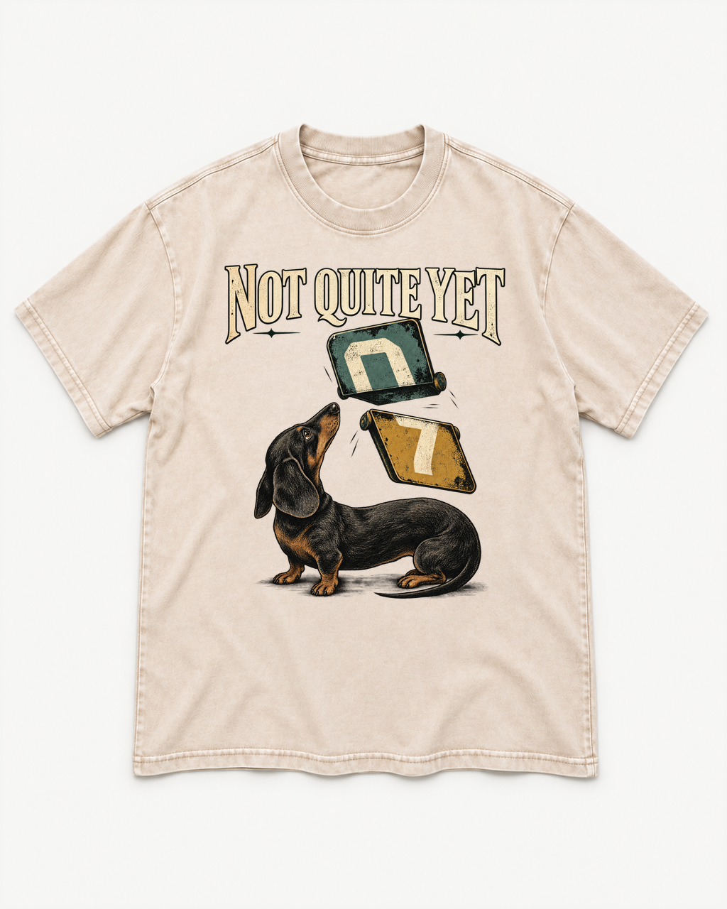 Apricot washed T-shirt with Dachshund Not Quite Yet Flip Cards front artwork