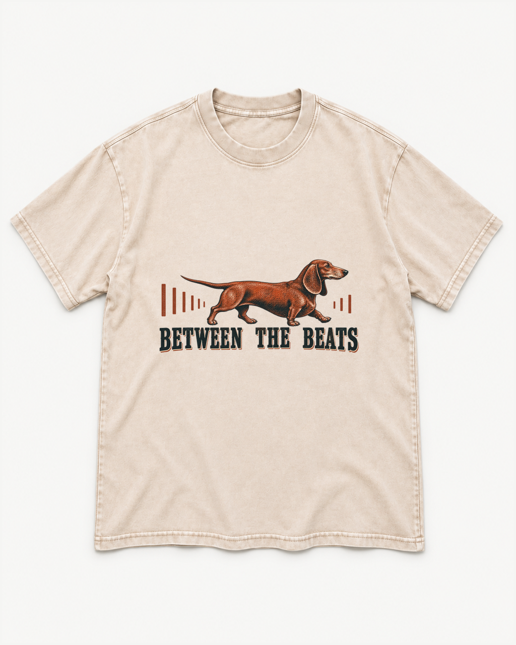 Apricot washed T-shirt with Dachshund Between The Beats Audio Wave front artwork