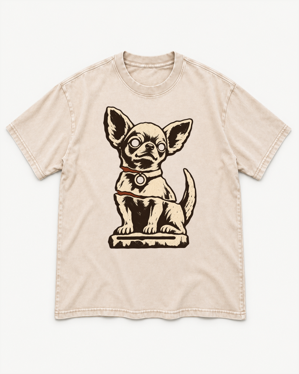 Apricot washed T-shirt with Chihuahua Woodcut Relic Statue front artwork