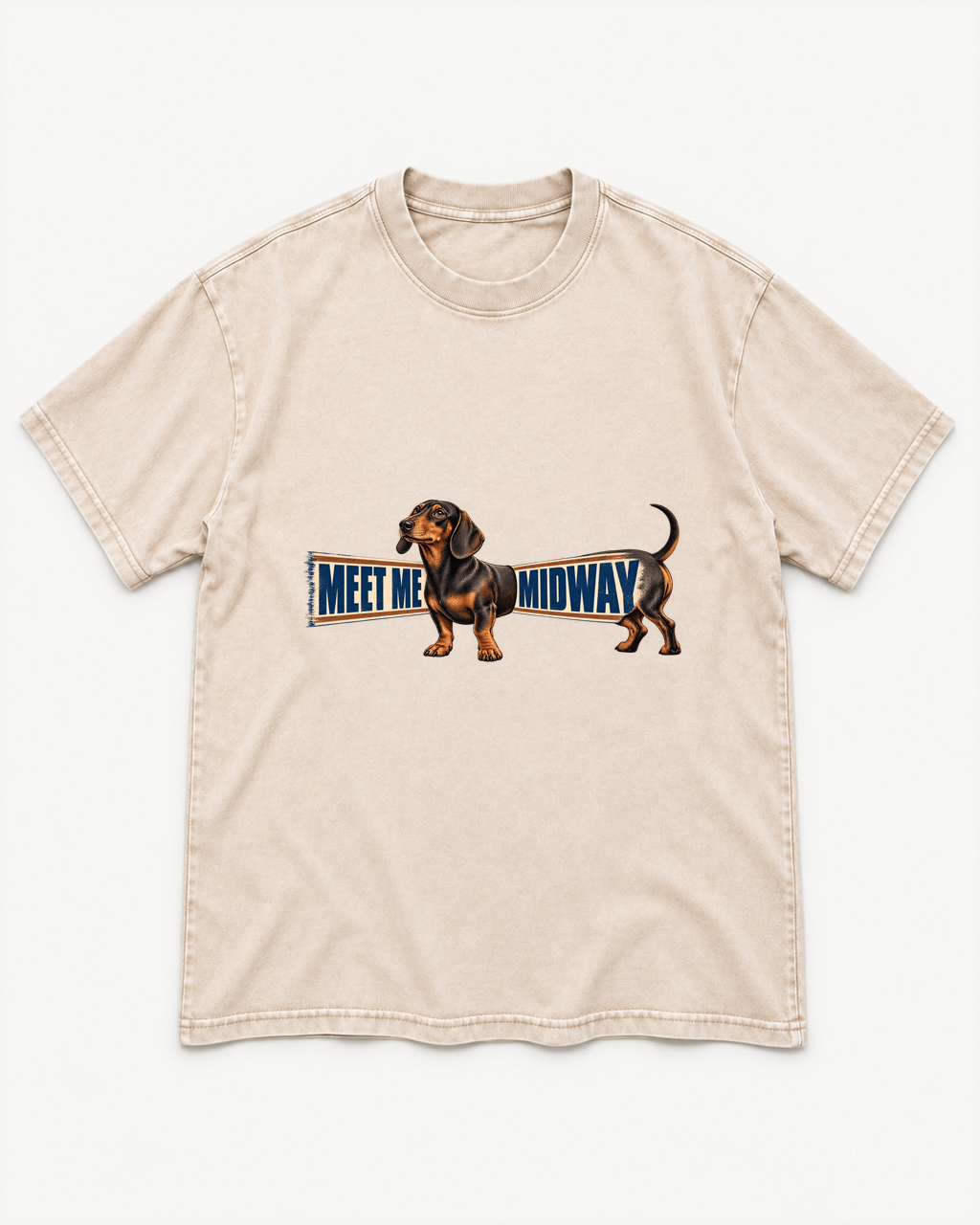 Apricot washed T-shirt with Dachshund Meet Me Midway Banner front artwork
