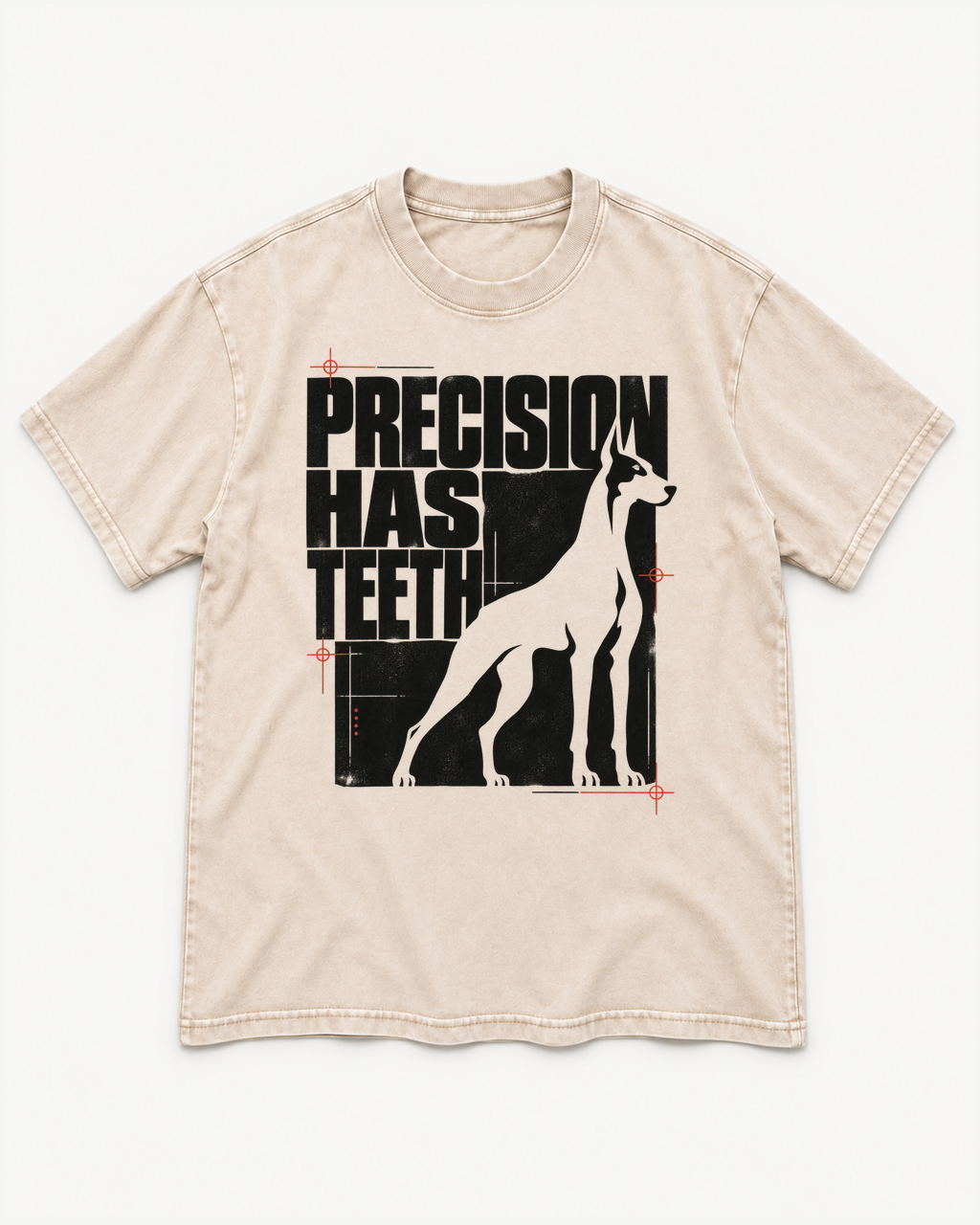 Apricot washed T-shirt with Doberman Precision Has Teeth front artwork