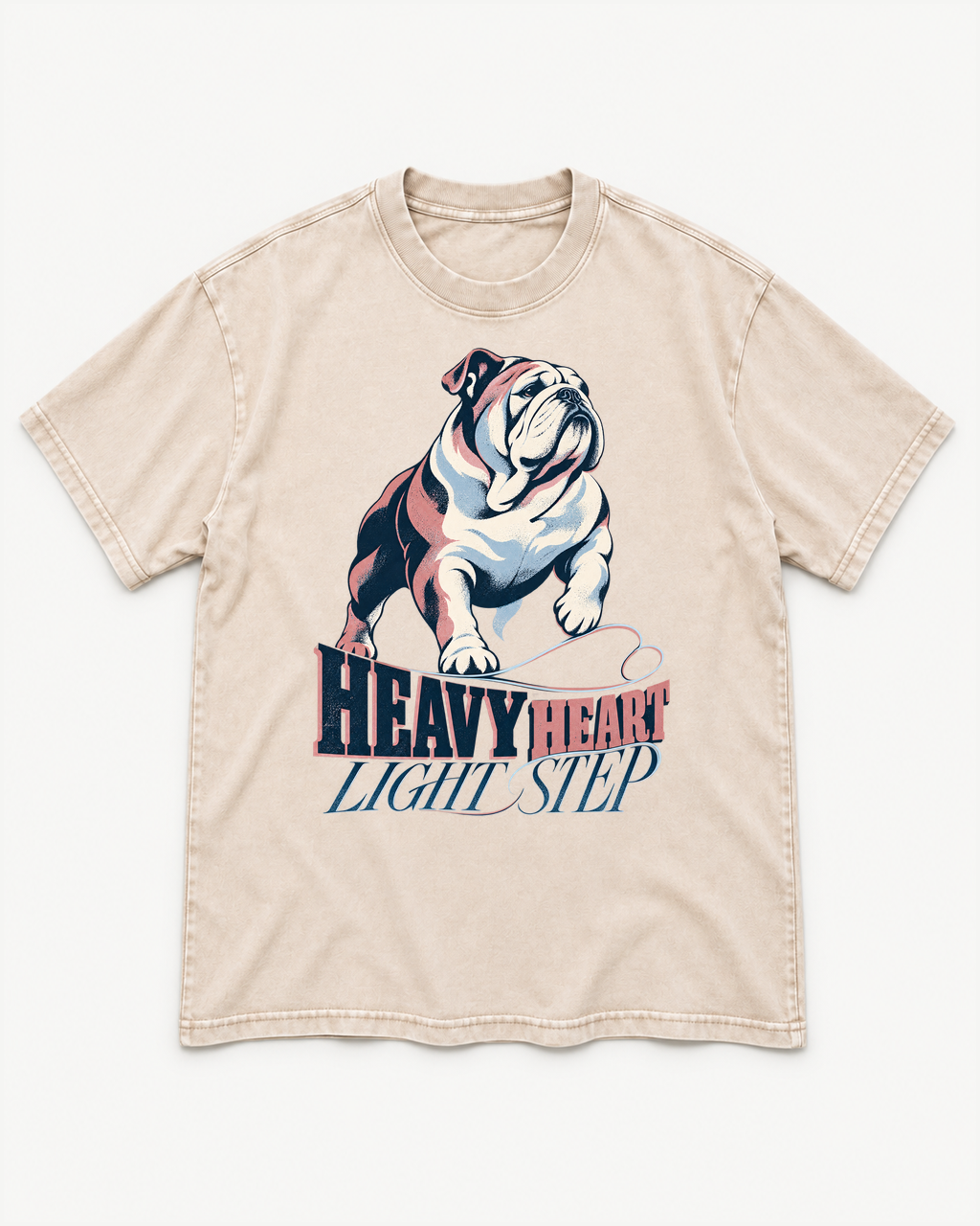 Apricot washed T-shirt with English Bulldog Heavy Heart Light Step Running front artwork