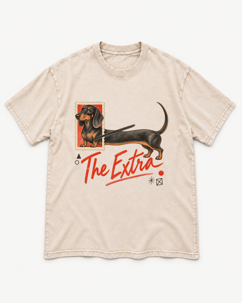 Apricot washed T-shirt with Dachshund The Extra Postage front artwork