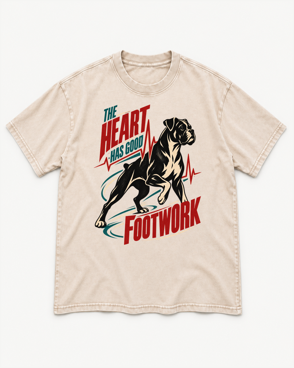Apricot washed T-shirt with Boxer The Heart Has Good Footwork ECG Motion front artwork