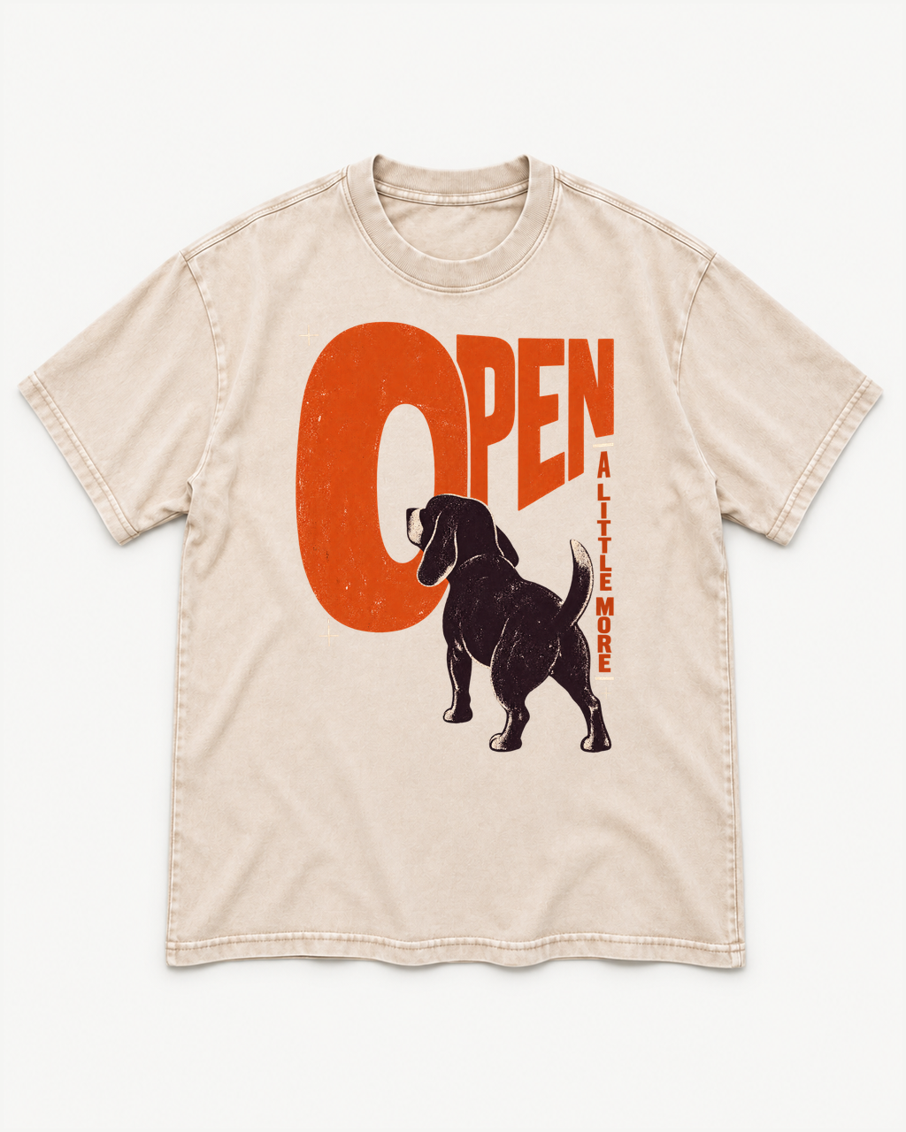 Apricot washed T-shirt with Beagle Open A Little More front artwork