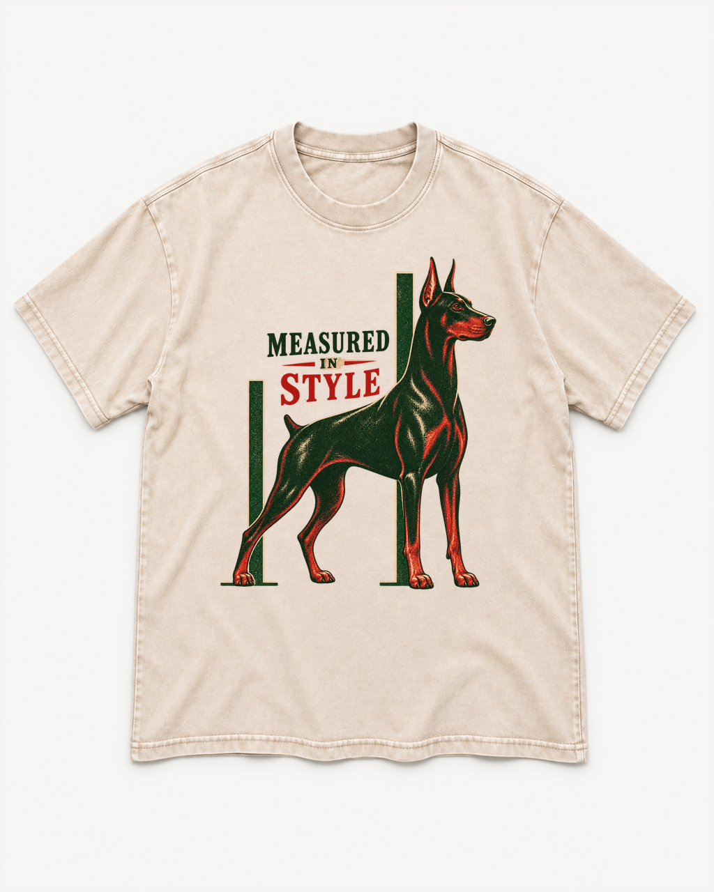 Apricot washed T-shirt with Doberman Measured in Style Column front artwork