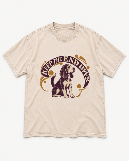 Apricot washed T-shirt with Beagle Keep The End Open Ornamental front artwork