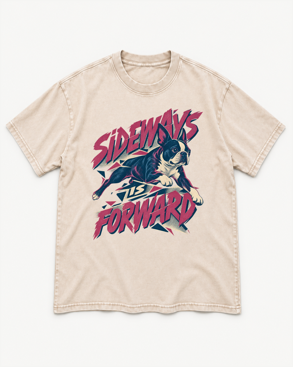 Apricot washed T-shirt with Boston Terrier Sideways Is Forward front artwork