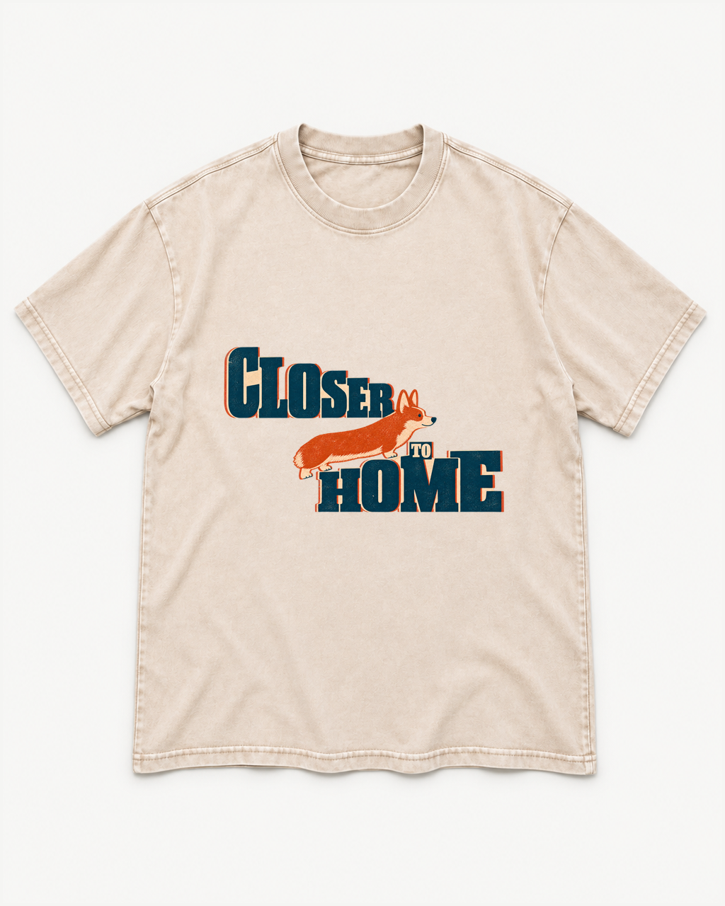 Apricot washed T-shirt with Corgi Closer to Home Typographic front artwork