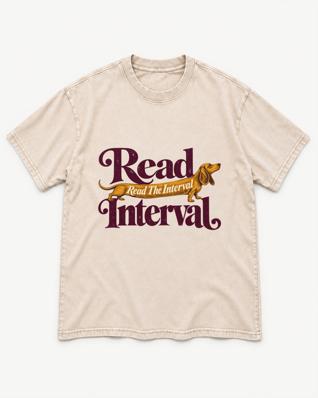 Apricot washed T-shirt with Dachshund Read The Interval Typographic front artwork