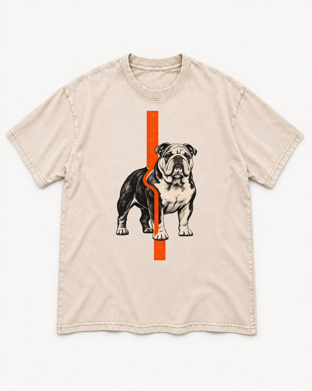 Apricot washed T-shirt with English Bulldog Orange Offset Line front artwork