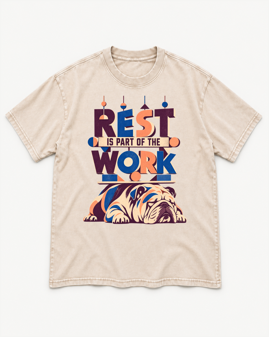 Apricot washed T-shirt with English Bulldog Rest Is Part of the Work Geometric front artwork