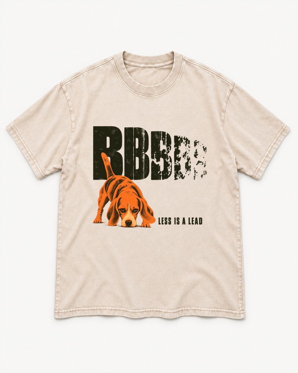 Apricot washed T-shirt with Beagle Less Is A Lead Tracking Dog front artwork