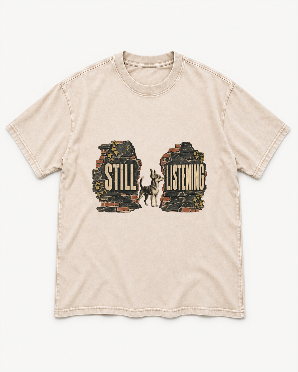 Apricot washed T-shirt with Chihuahua Still Listening front artwork