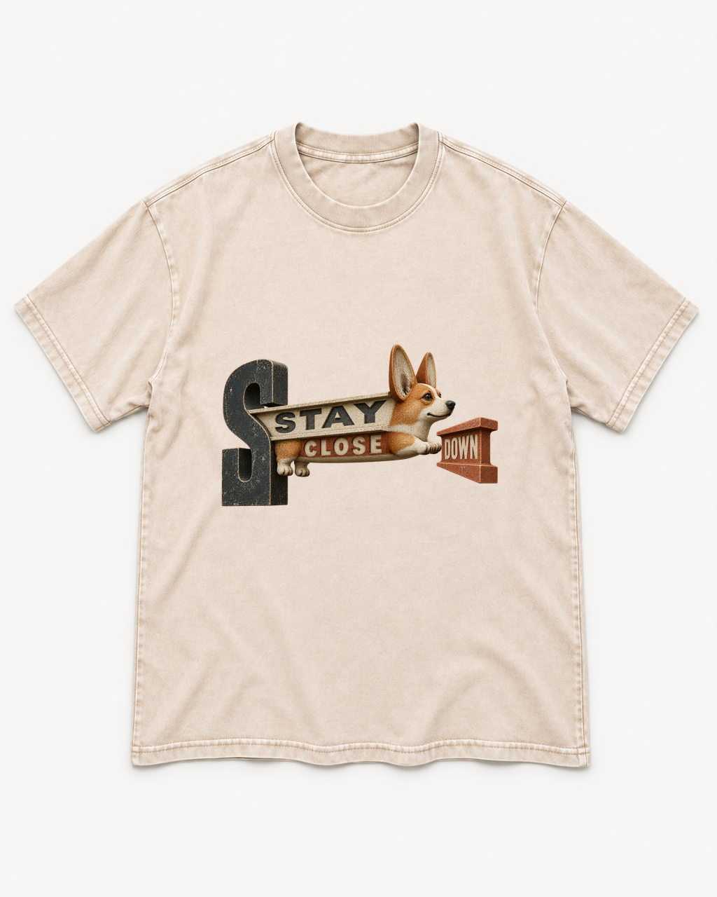 Apricot washed T-shirt with Corgi Stay Close Down Sign front artwork