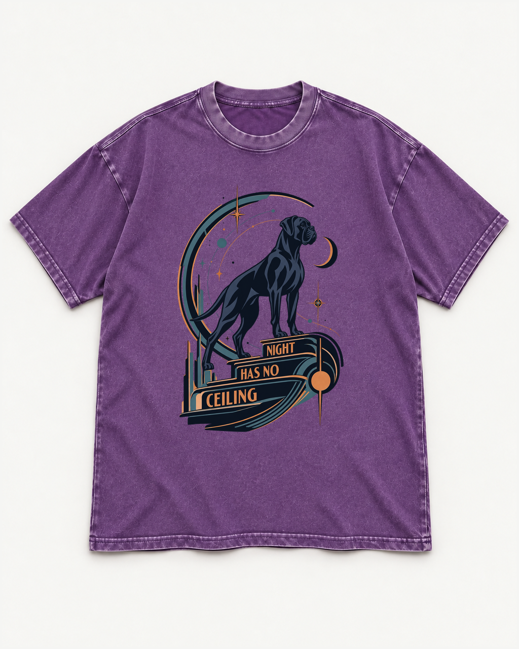 Purple washed T-shirt with Boxer Night Has No Ceiling Cosmic front artwork