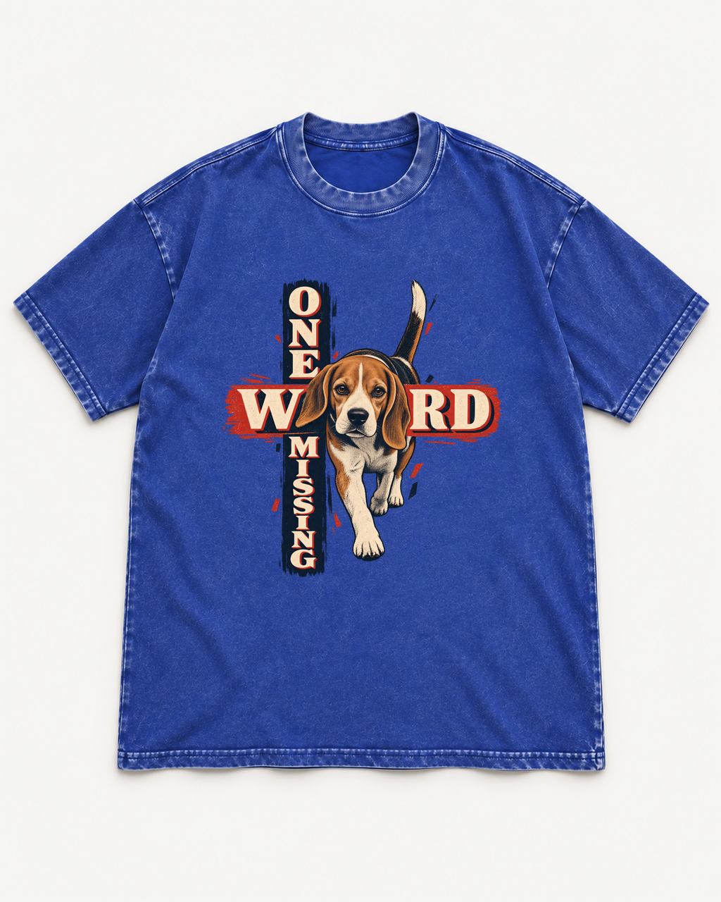 Royal Blue washed T-shirt with Beagle One Word Missing front artwork