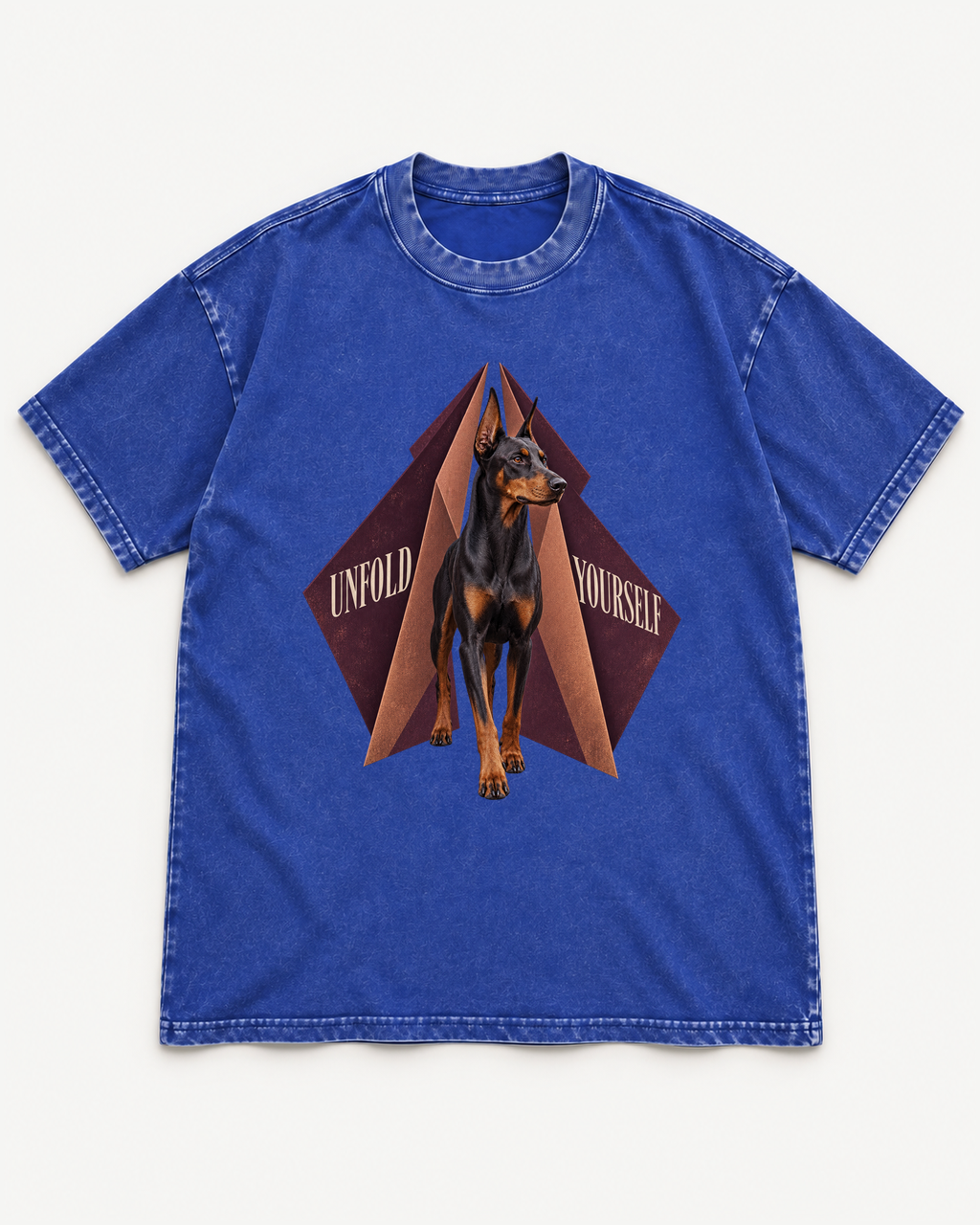 Royal Blue washed T-shirt with Doberman Unfold Yourself Geometric Portrait front artwork
