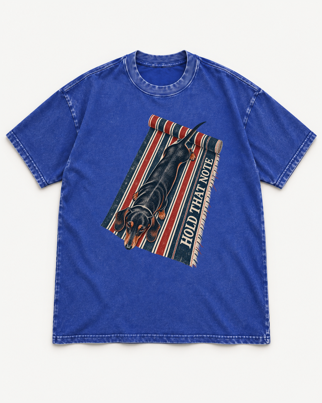 Royal Blue washed T-shirt with Dachshund Hold That Note Striped Rug front artwork