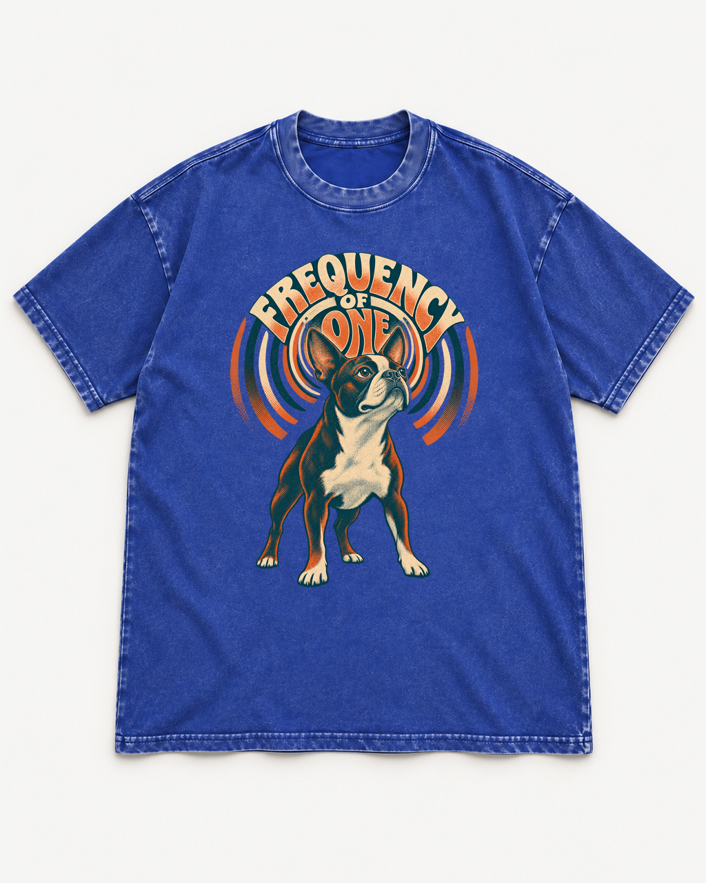 Royal Blue washed T-shirt with Boston Terrier Frequency of One front artwork