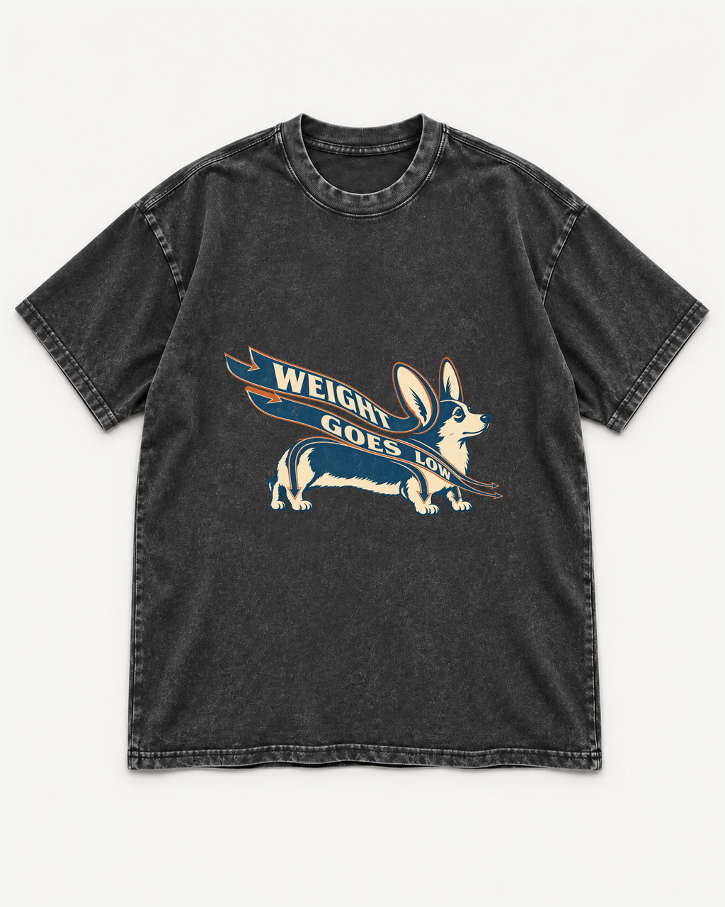 Black washed T-shirt with Corgi Weight Goes Low Ribbon Arrow front artwork