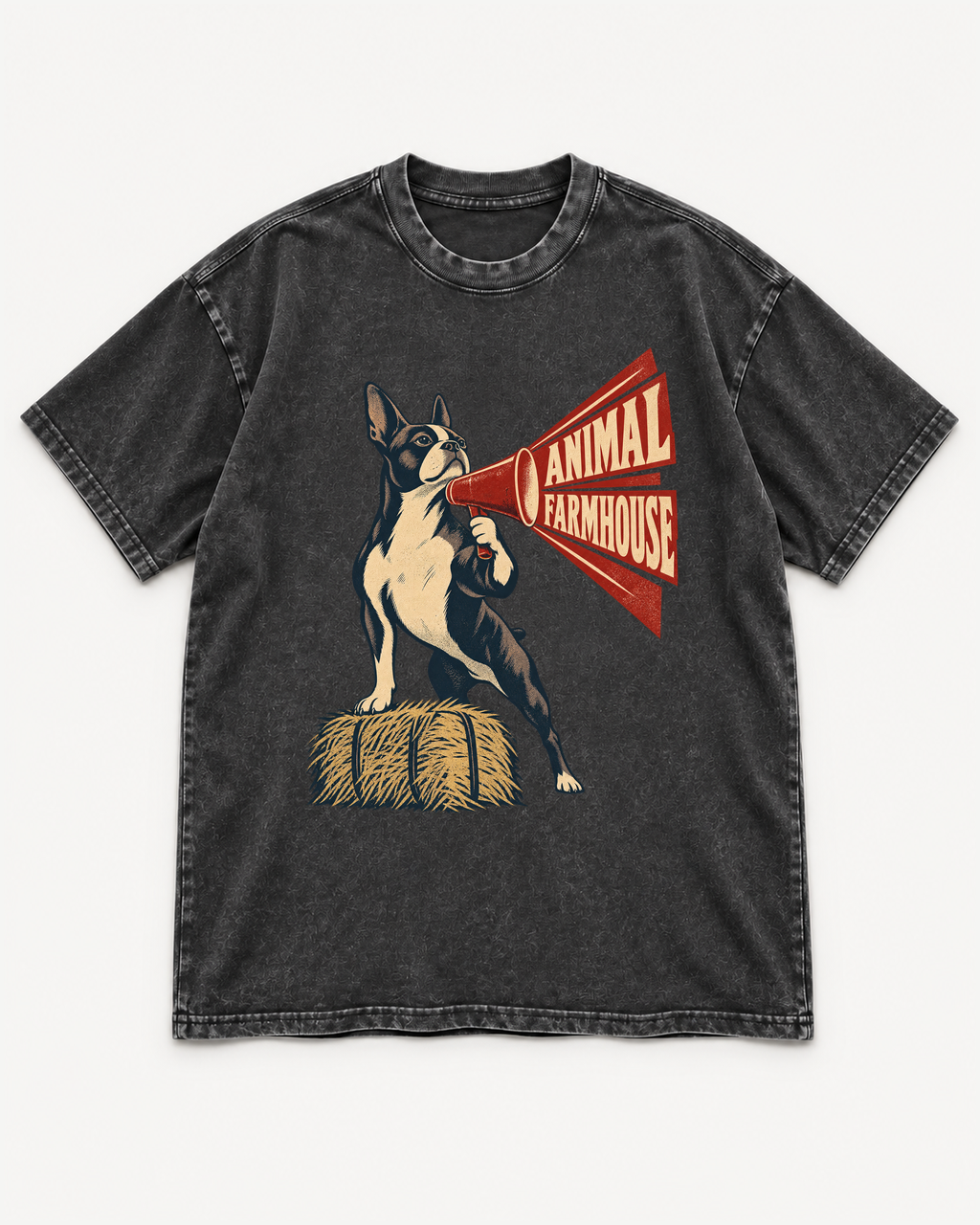 Black washed T-shirt with Boston Terrier Animal Farmhouse front artwork