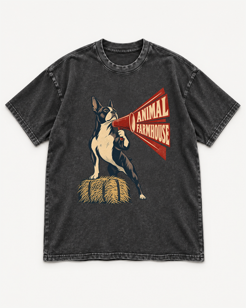 Black washed T-shirt with Boston Terrier Animal Farmhouse front artwork