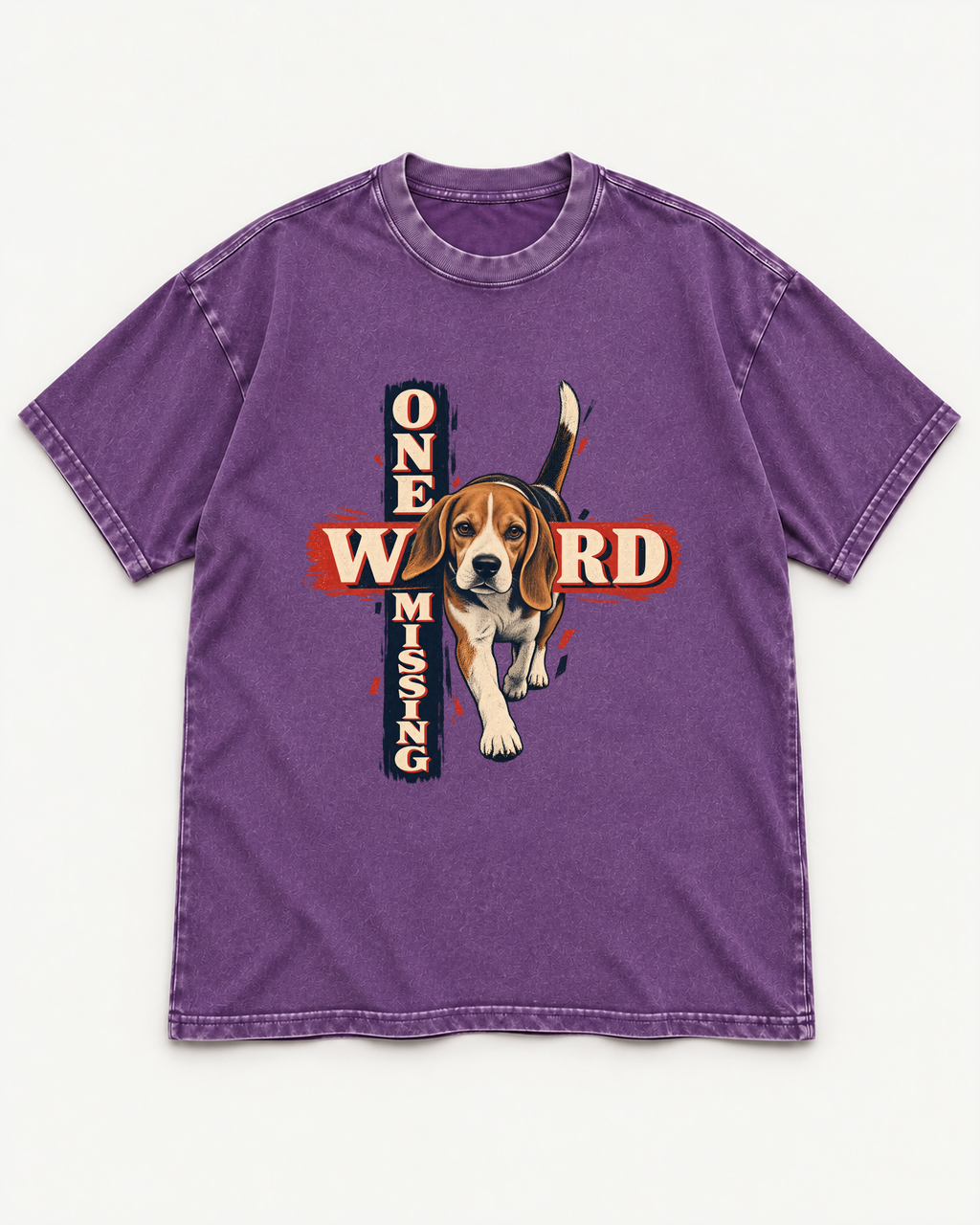 Purple washed T-shirt with Beagle One Word Missing front artwork