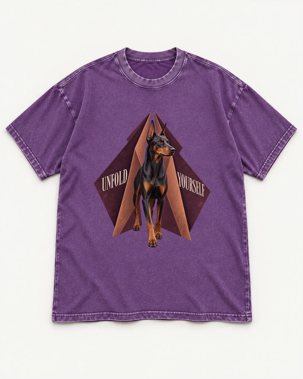 Purple washed T-shirt with Doberman Unfold Yourself Geometric Portrait front artwork