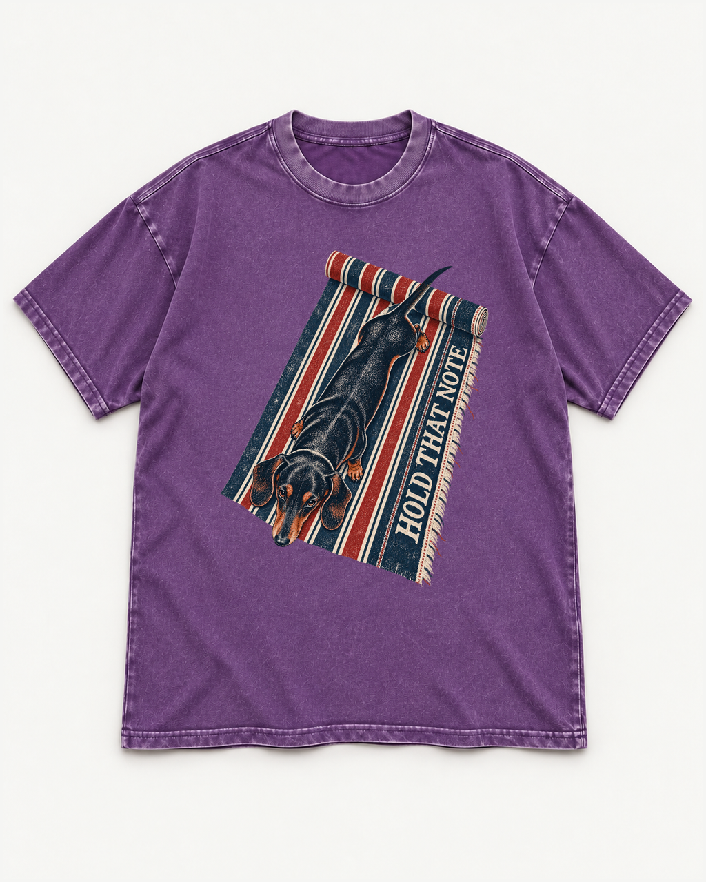 Purple washed T-shirt with Dachshund Hold That Note Striped Rug front artwork