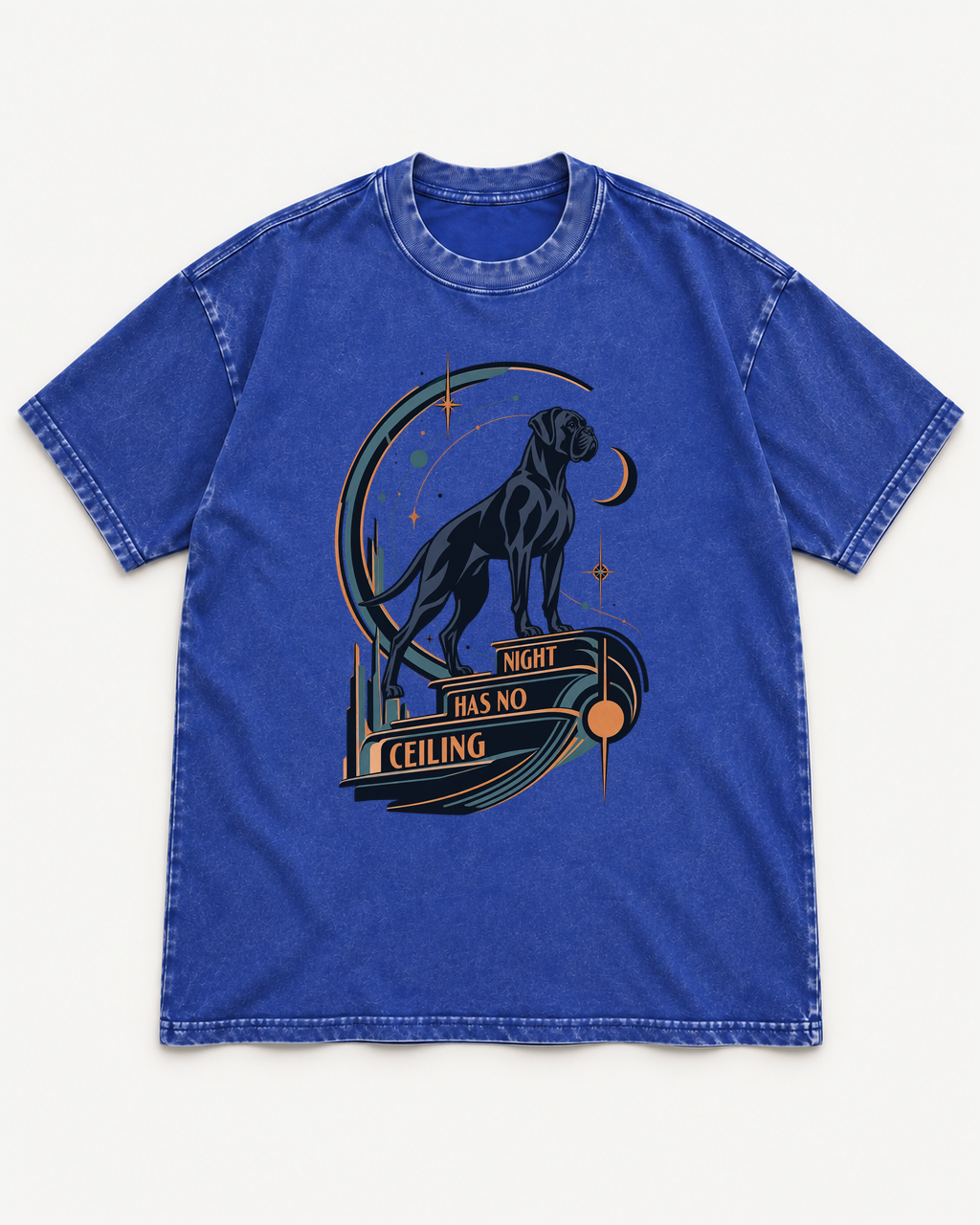 Royal Blue washed T-shirt with Boxer Night Has No Ceiling Cosmic front artwork