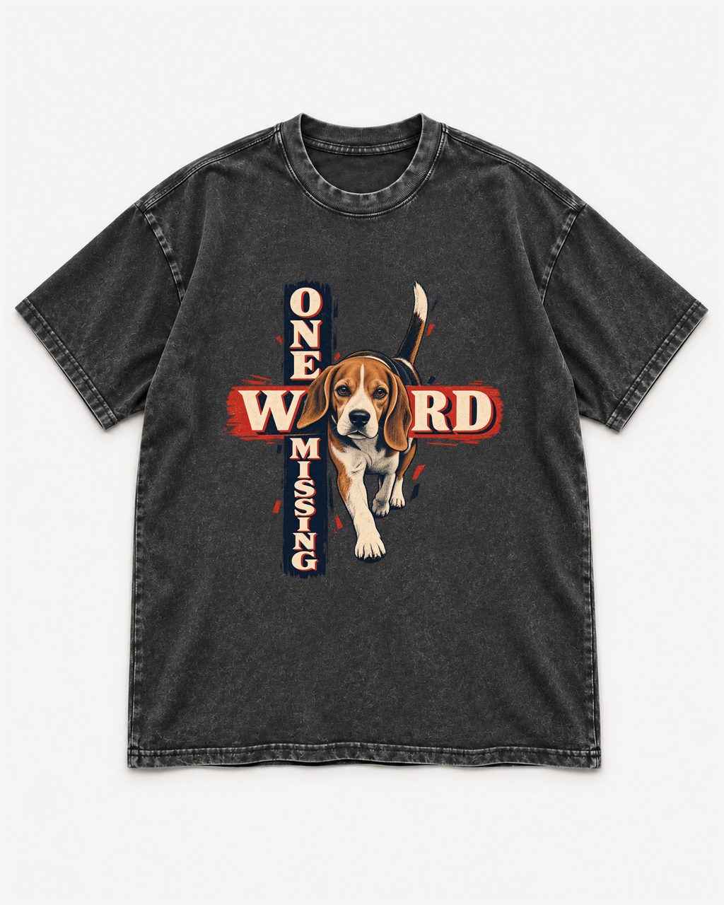 Black washed T-shirt with Beagle One Word Missing front artwork