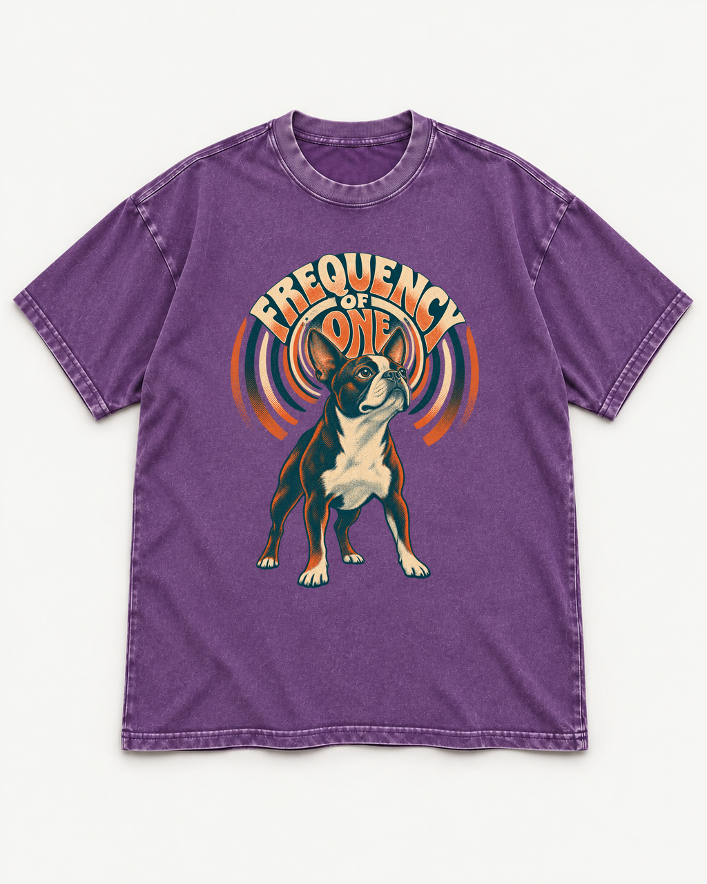 Purple washed T-shirt with Boston Terrier Frequency of One front artwork