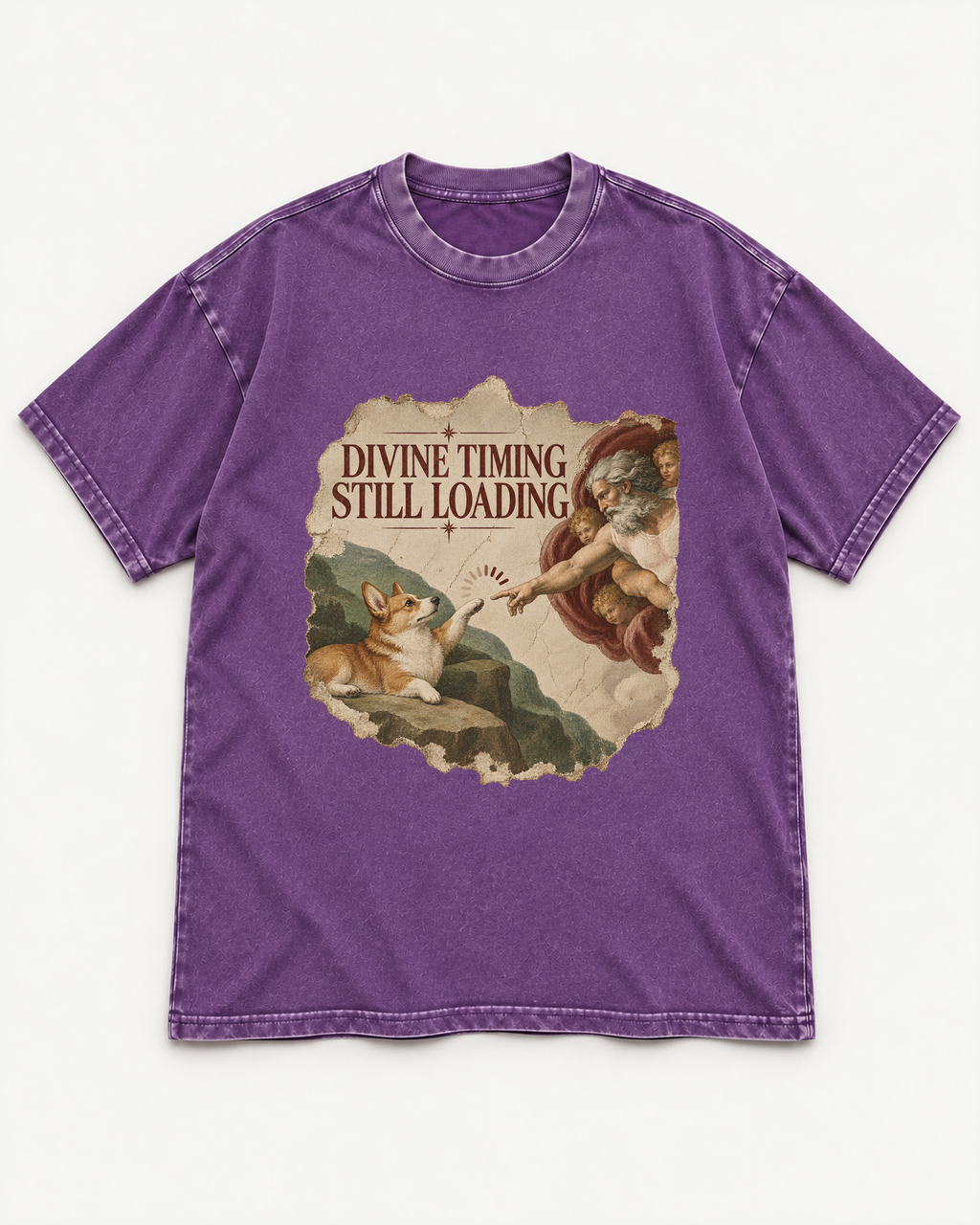 Purple washed T-shirt with Corgi Divine Timing Still Loading Creation Parody front artwork