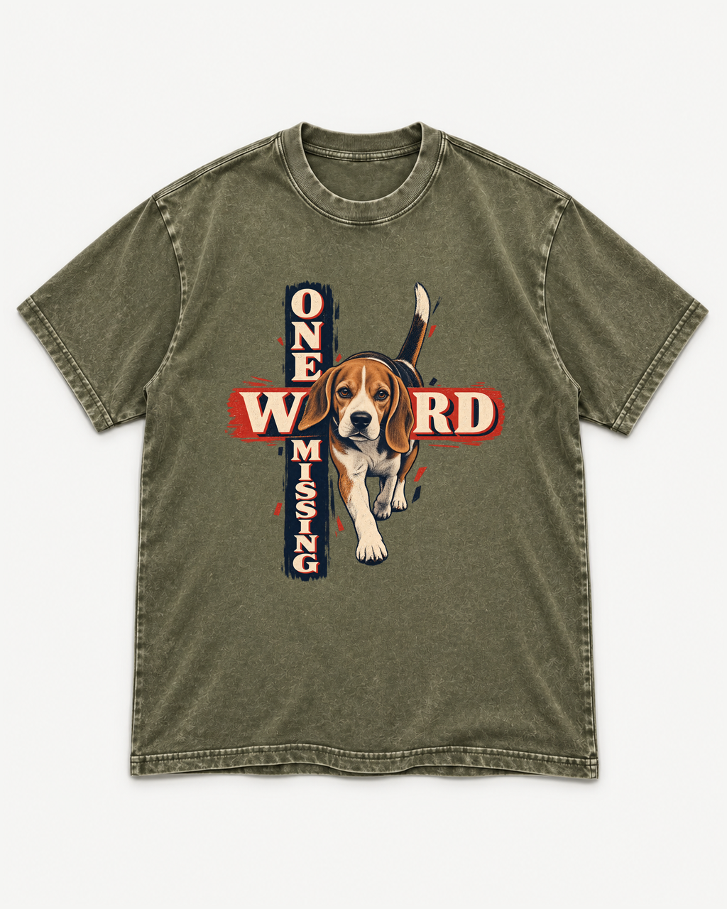 Army Green washed T-shirt with Beagle One Word Missing front artwork