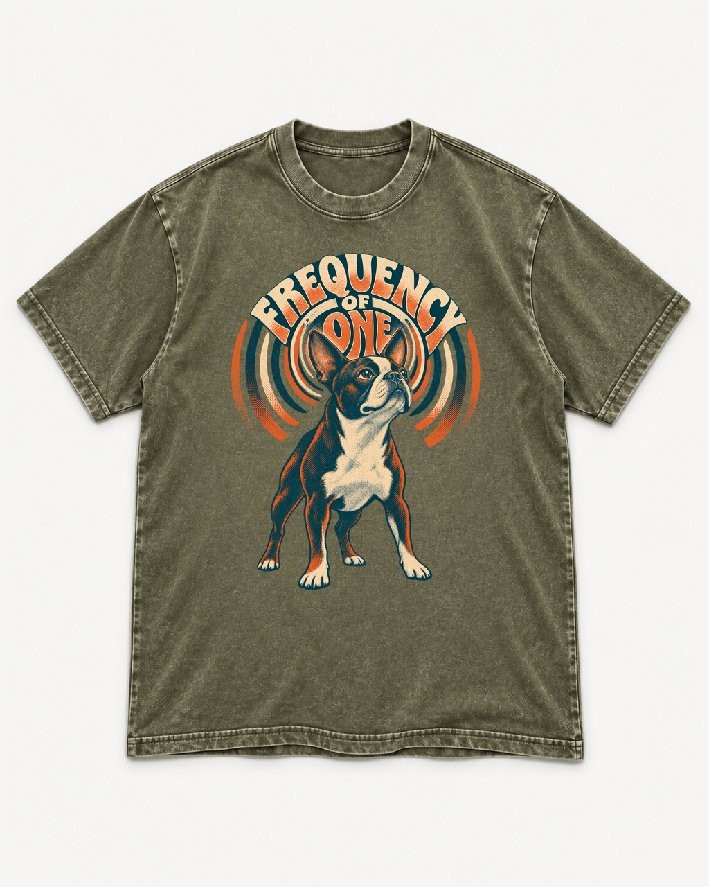 Army Green washed T-shirt with Boston Terrier Frequency of One front artwork
