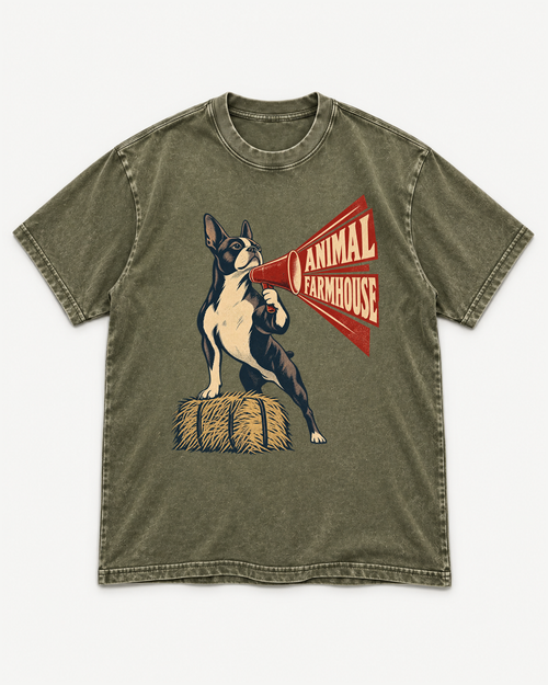 Army Green washed T-shirt with Boston Terrier Animal Farmhouse front artwork