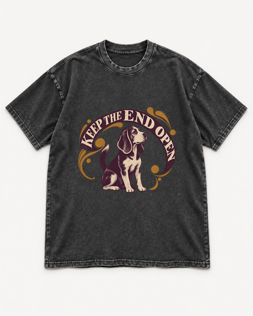 Black washed T-shirt with Beagle Keep The End Open Ornamental front artwork