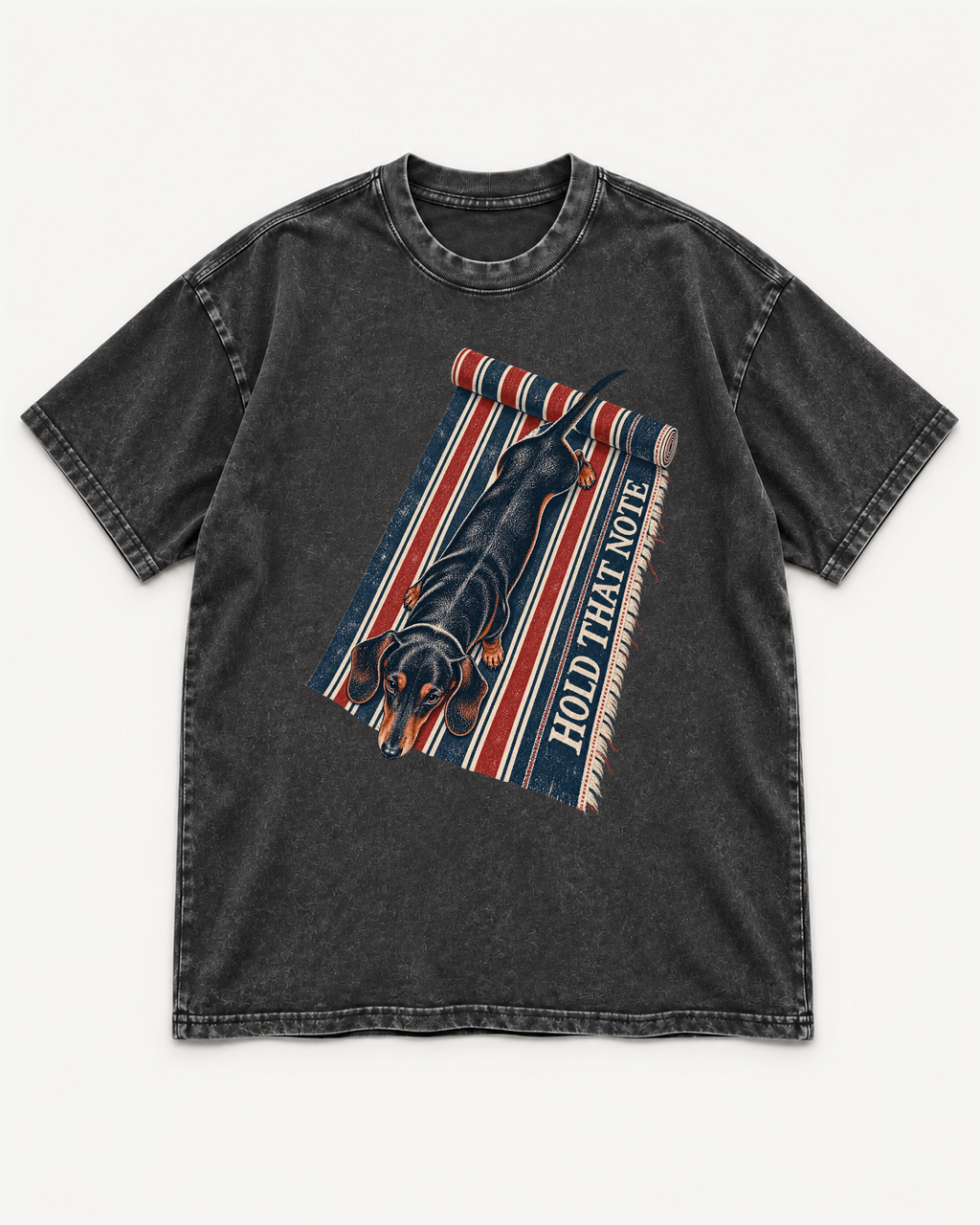 Black washed T-shirt with Dachshund Hold That Note Striped Rug front artwork