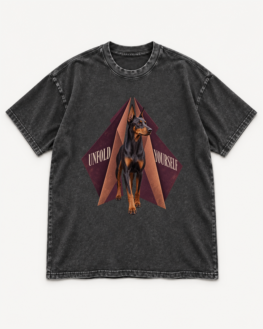 Black washed T-shirt with Doberman Unfold Yourself Geometric Portrait front artwork
