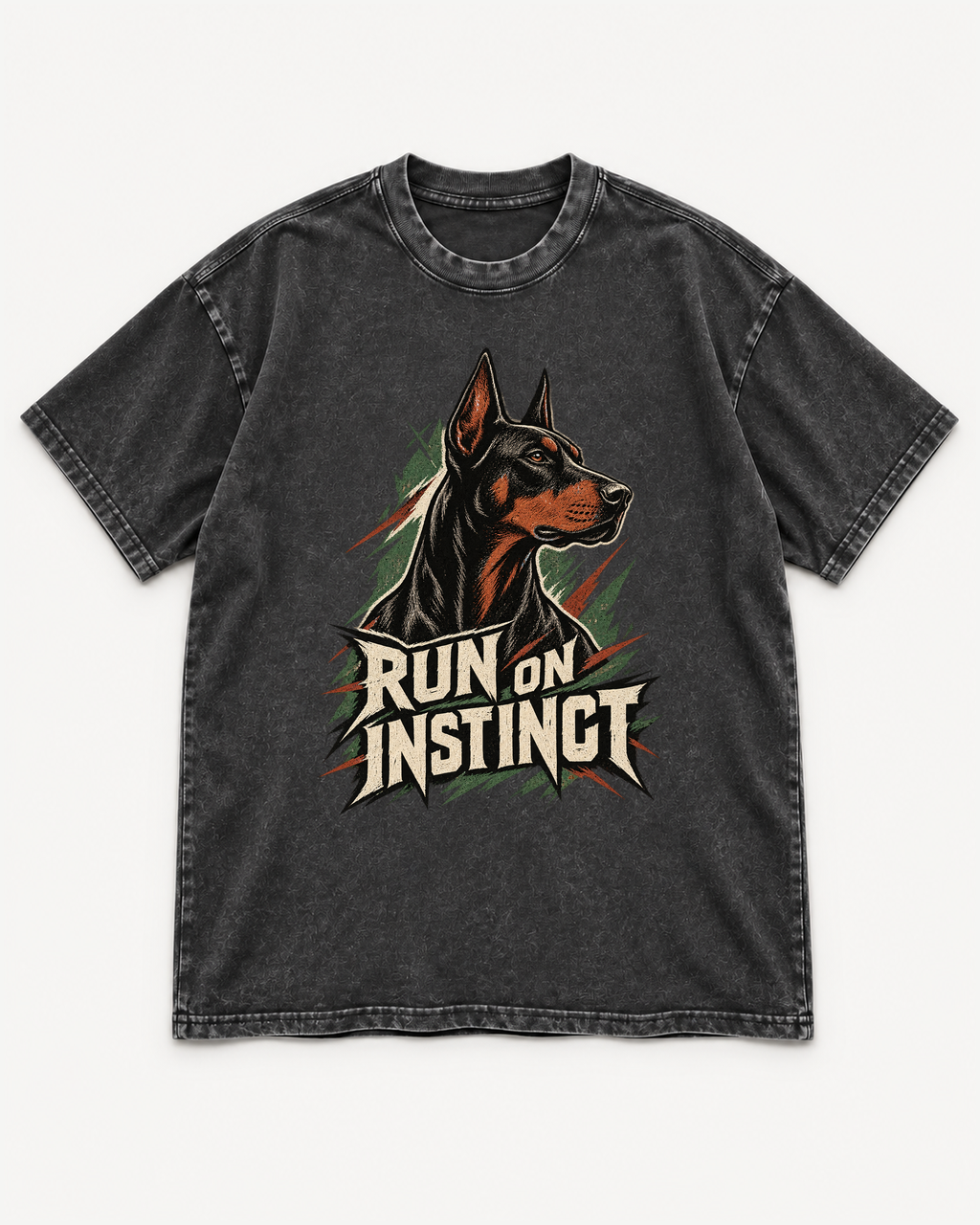 Black washed T-shirt with Doberman Run on Instinct Brush Slash front artwork