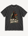 Black washed T-shirt with Doberman Run on Instinct Brush Slash front artwork