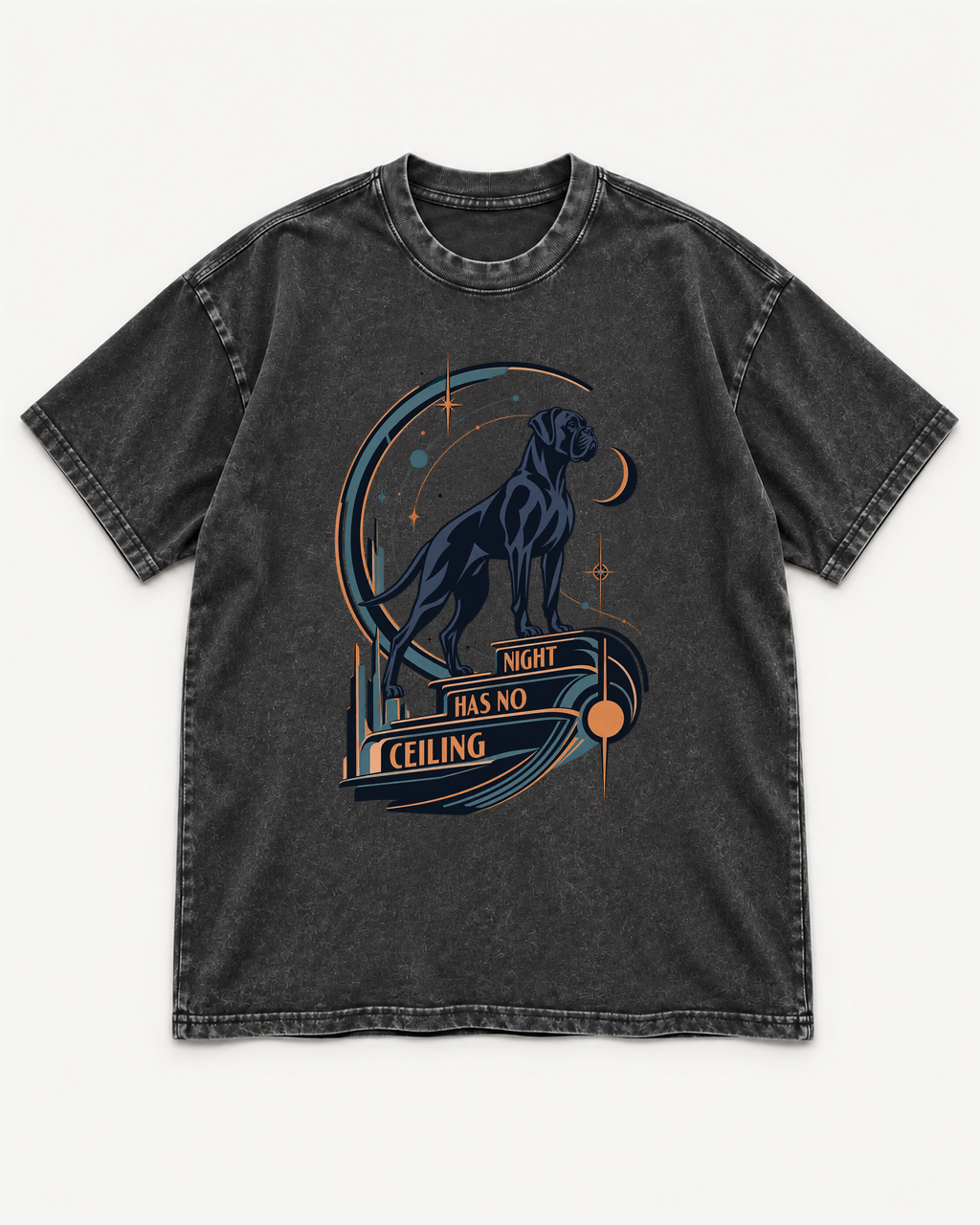Black washed T-shirt with Boxer Night Has No Ceiling Cosmic front artwork