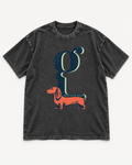 Black washed T-shirt with Dachshund Room Below Words Lowercase G front artwork