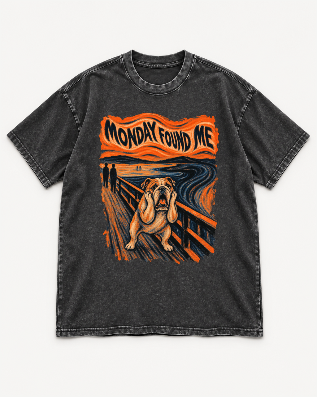 Black washed T-shirt with English Bulldog Monday Found Me Scream front artwork