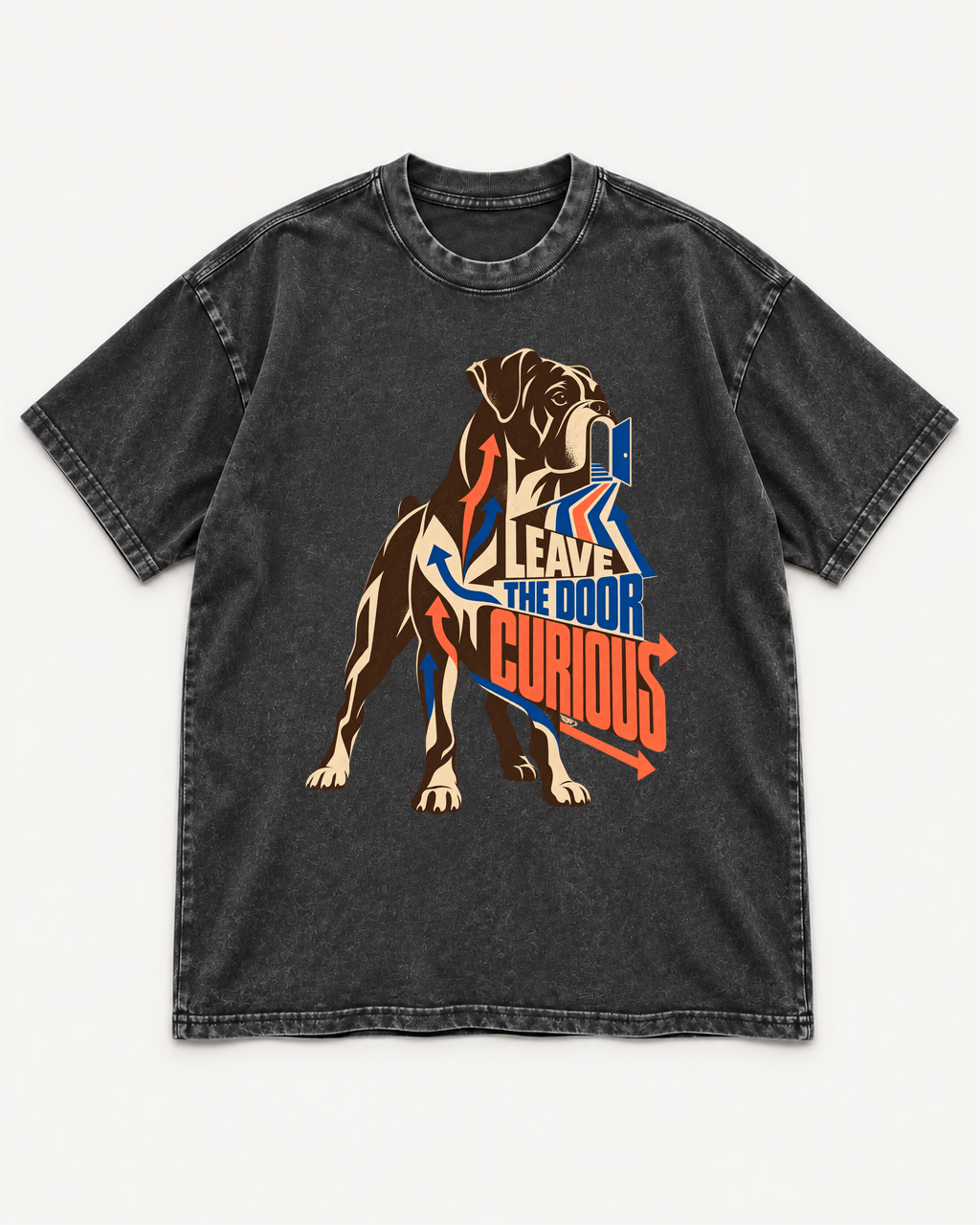 Black washed T-shirt with Boxer Leave the Door Curious Doorway Arrow front artwork