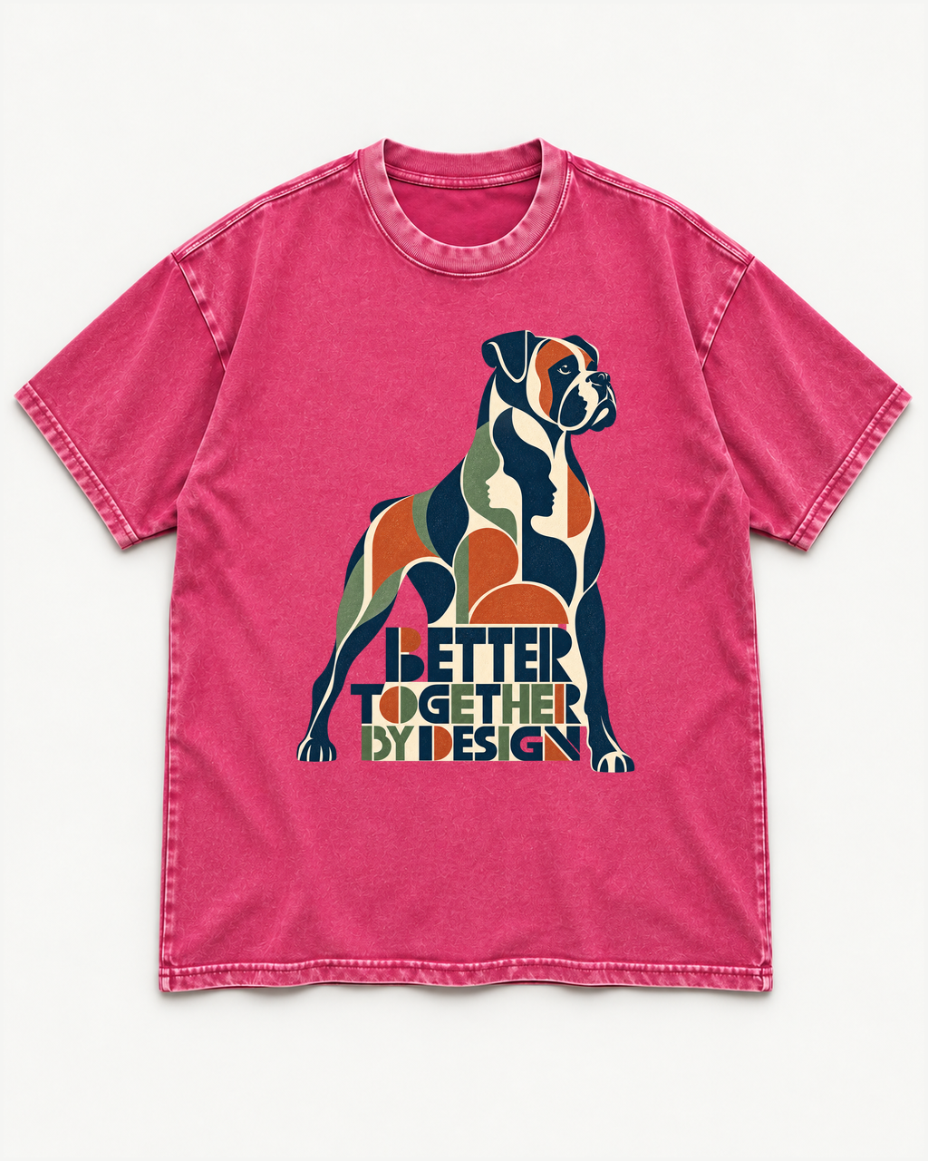 Fuchsia washed T-shirt with Boxer Better Together By Design Geometric Mosaic front artwork