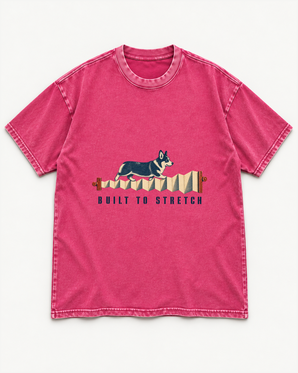 Fuchsia washed T-shirt with Corgi Built to Stretch Accordion front artwork